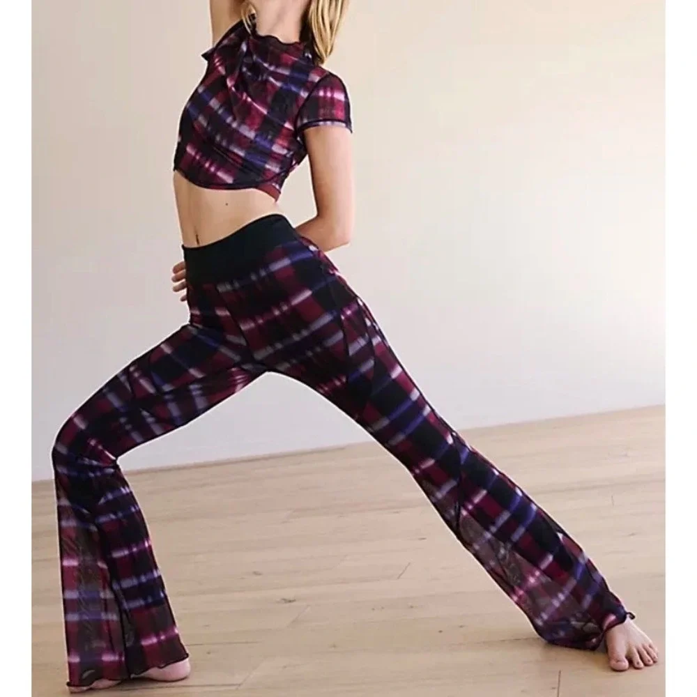 Free People FP Movement See You Through Set Mesh Top & Flare Pants Set Black M L